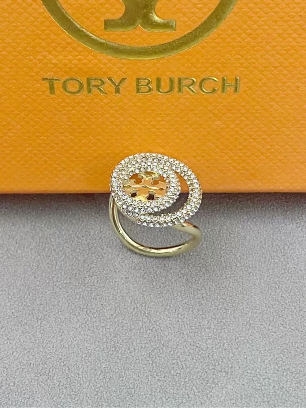 Tory Burch Gold Crystal Emblem Spiral Ring Size8